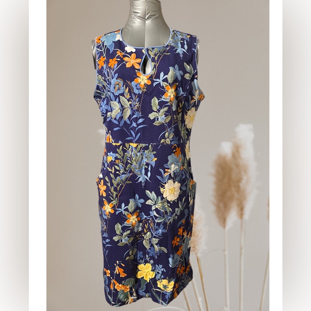 Lands End fitted Sleveless sheath Dress blue Sz 14